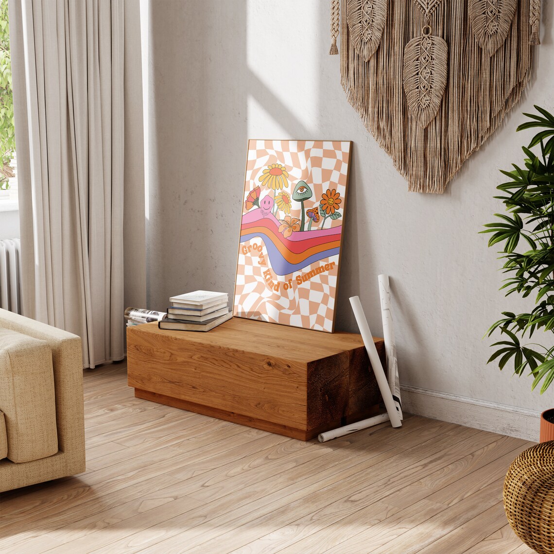 Groovy Kind of Summer Retro Floral Mushroom Checkerboard Poster - Image 3