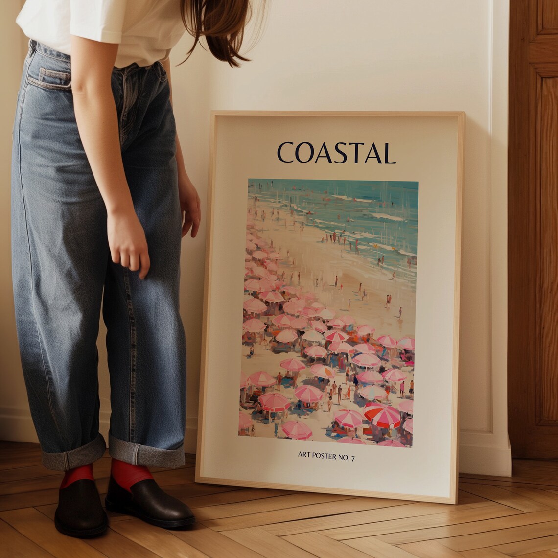 Coastal Aerial Pink Umbrellas Shoreline View Art Poster No. 7 - Image 3
