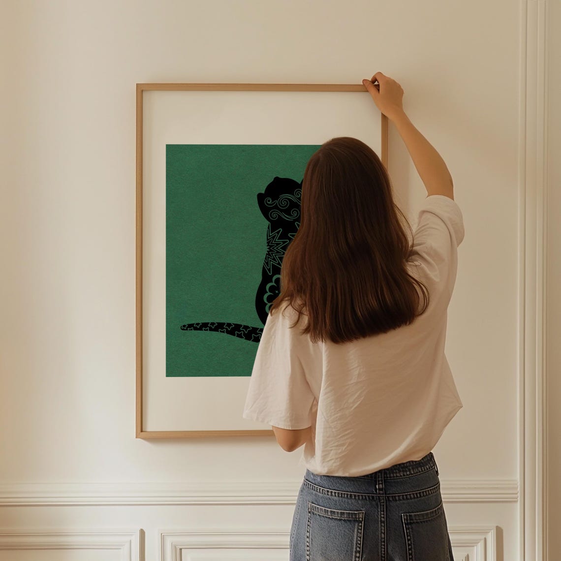 Decorative Black Cat Silhouette on Sage Green Pattern Poster - Image 3