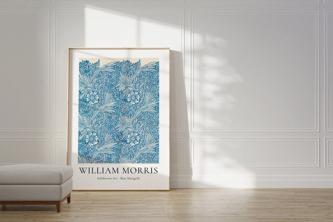 William Morris Blue Marigold Floral Pattern Cream Art Poster