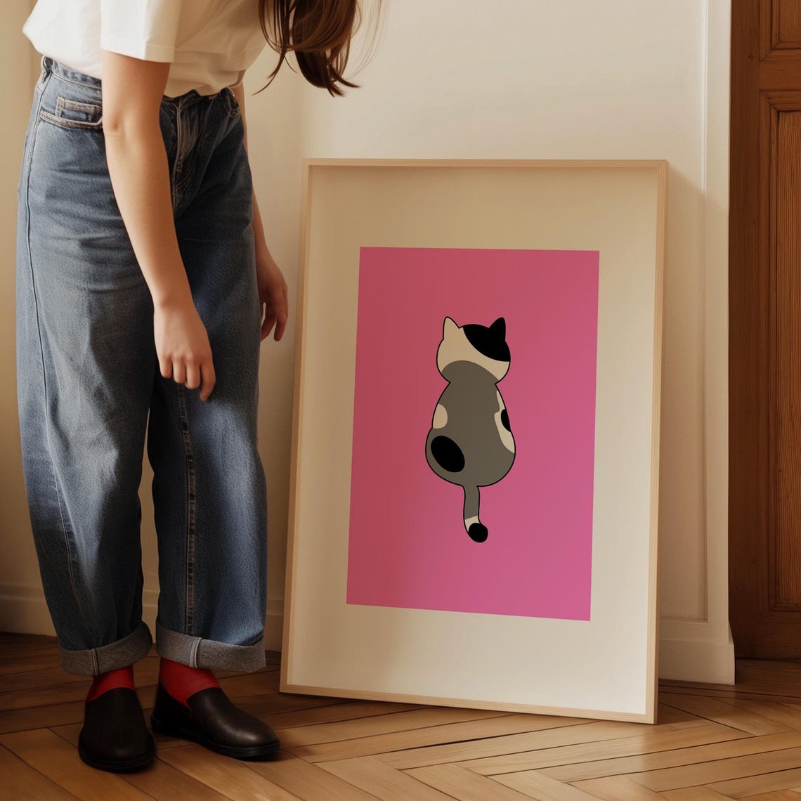 Grey Spotted Cat Back View on Bright Pink Minimalist Art Poster - Image 5