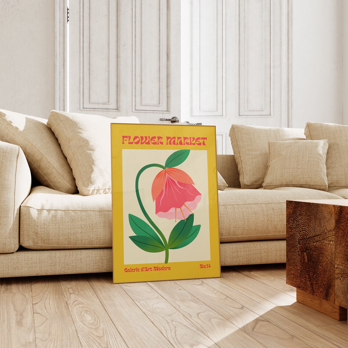 Flower Market No 14 Pink Bell Flower Mustard Retro Art Poster - Image 3