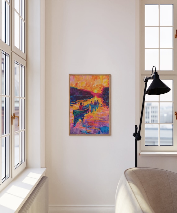 Two Canoes on Golden Water at Sunset Impressionist Painting Poster