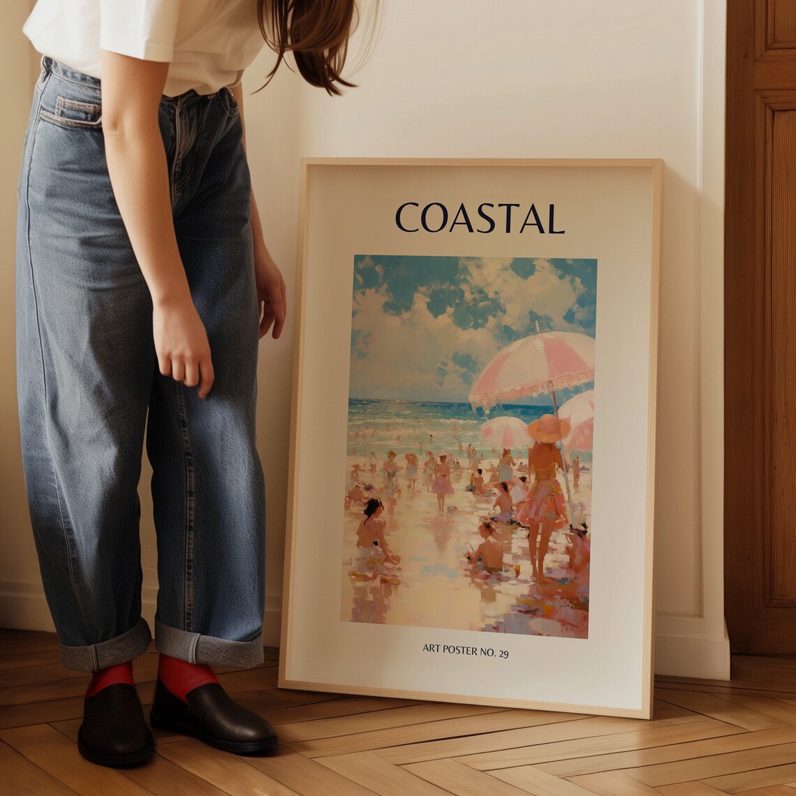 Coastal Woman Sun Hat Pink Striped Umbrella Art Poster No. 29 - Image 3
