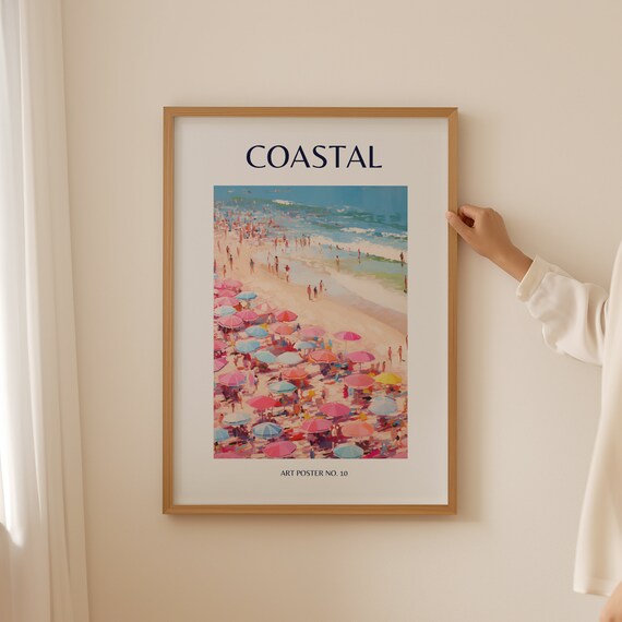 Coastal Turquoise Waves Umbrella Rows Scene Art Poster No. 10