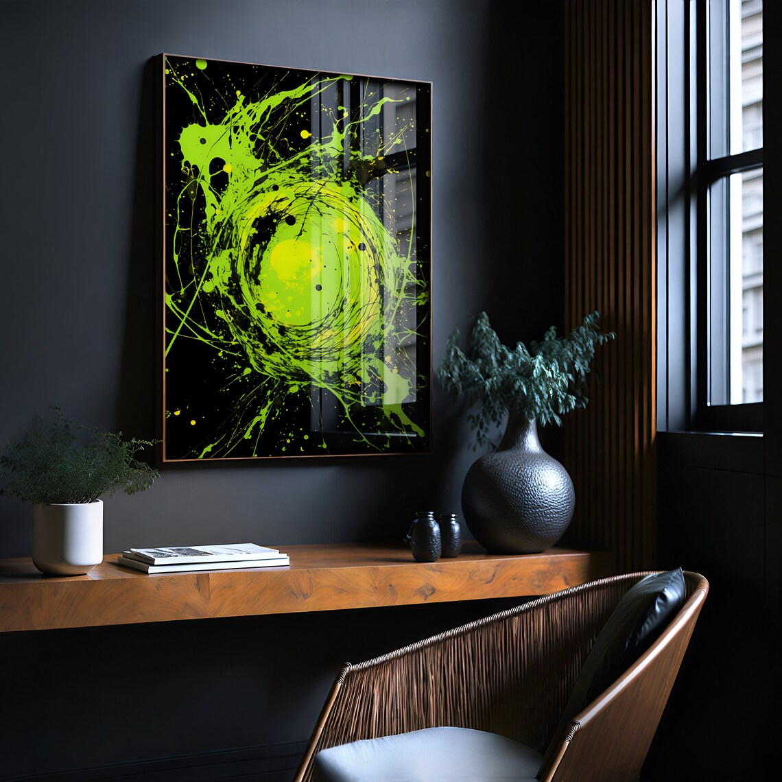 Jackson Pollock Style Lime Green Swirl Black Abstract Art Poster - Image 2