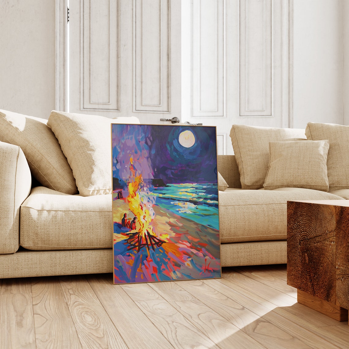 Beach Bonfire at Night Under Full Moon with Colorful Waves Poster - Image 2