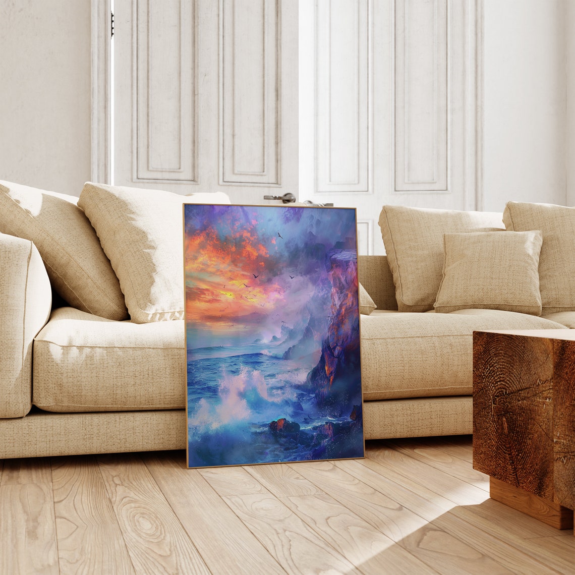 Crashing Ocean Waves Cliffs Sunset Blue Orange Coastal Poster - Image 2