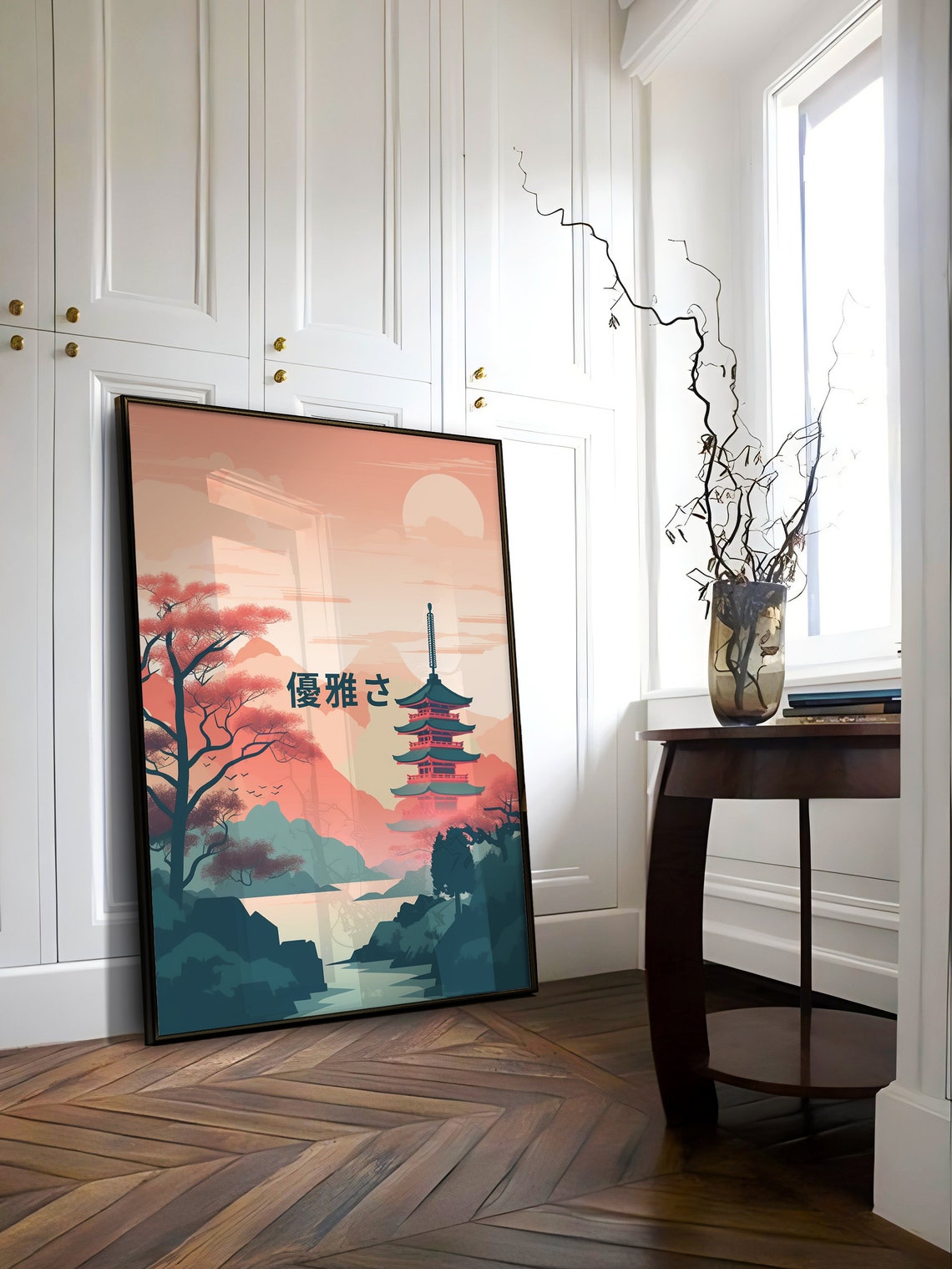 Japanese Temple Pagoda Pink Sunset Mountain Landscape Scene Poster - Image 2