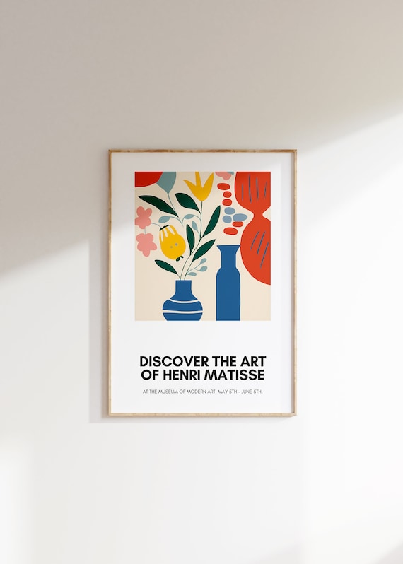 Henri Matisse Inspired Blue Vase Flat Floral Exhibition Poster