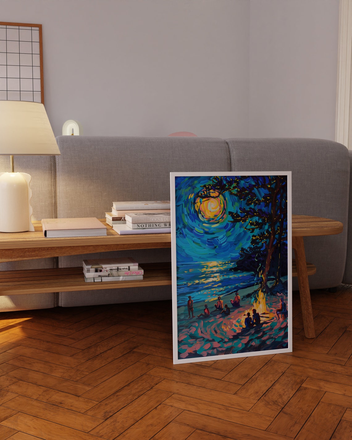 Night Beach Campfire with Friends Under Bright Moon Art Poster - Image 4