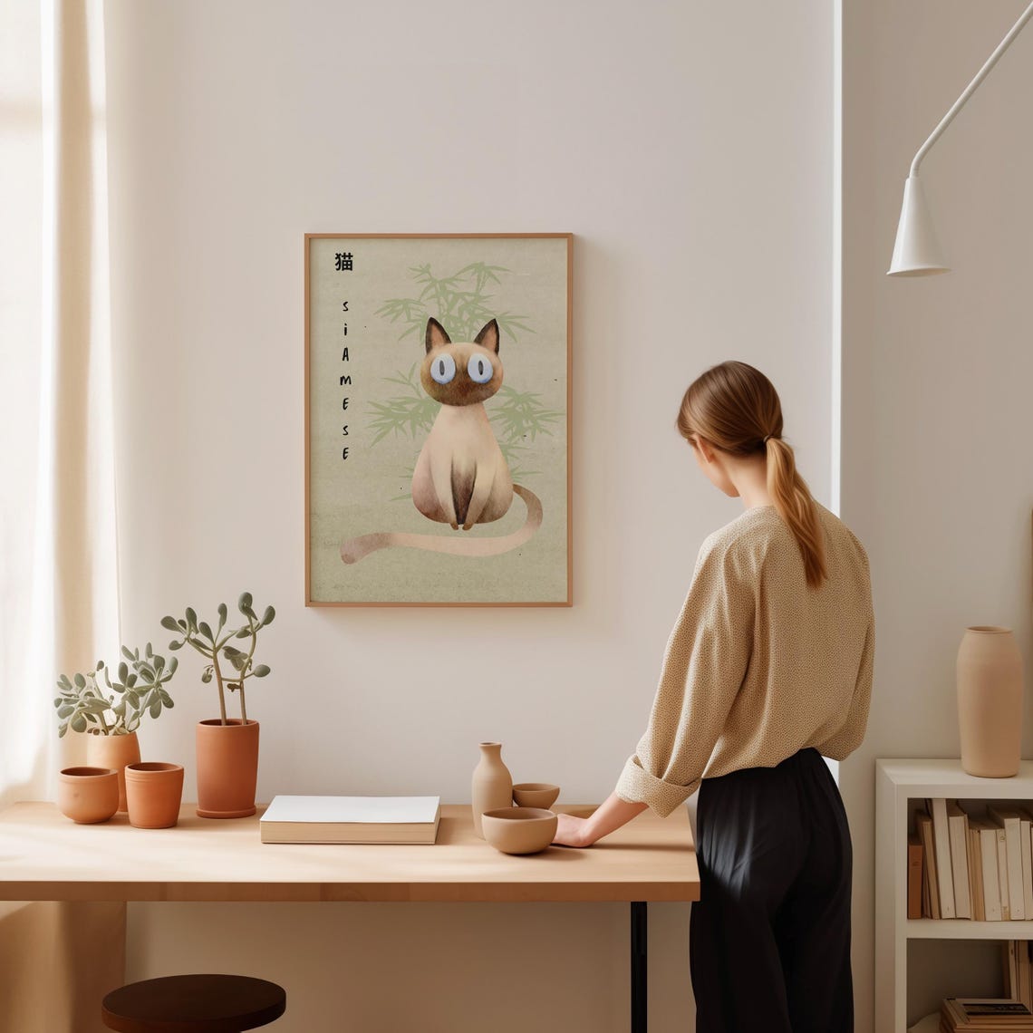 Siamese Cat Watercolor Japanese Bamboo Japandi Cat Lover Print - Image 2