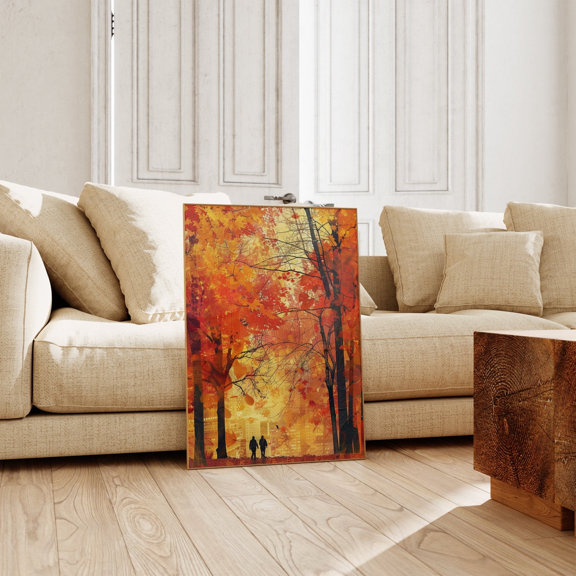 Autumn Forest Path Walkers Silhouette with City Skyline View Poster - Image 3