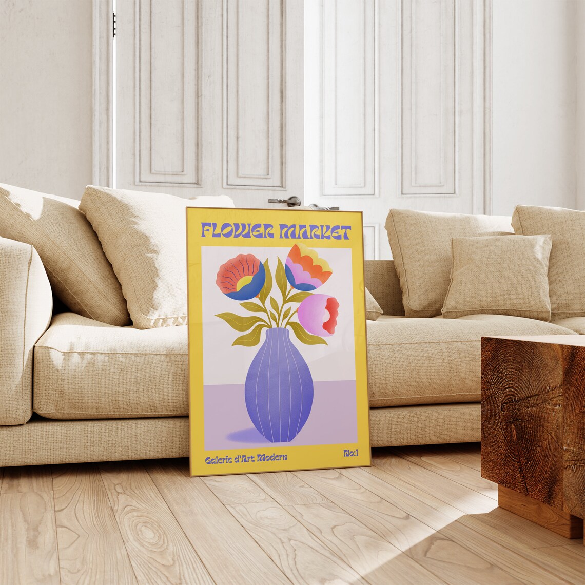 Flower Market Groovy Yellow Blue Vase Poppy Bouquet Retro Poster - Image 3