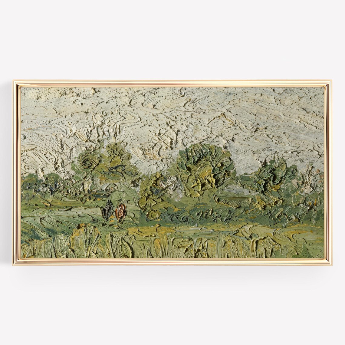 Textured Green Meadow Impasto Oil Landscape Frame TV Painting Poster - Image 3
