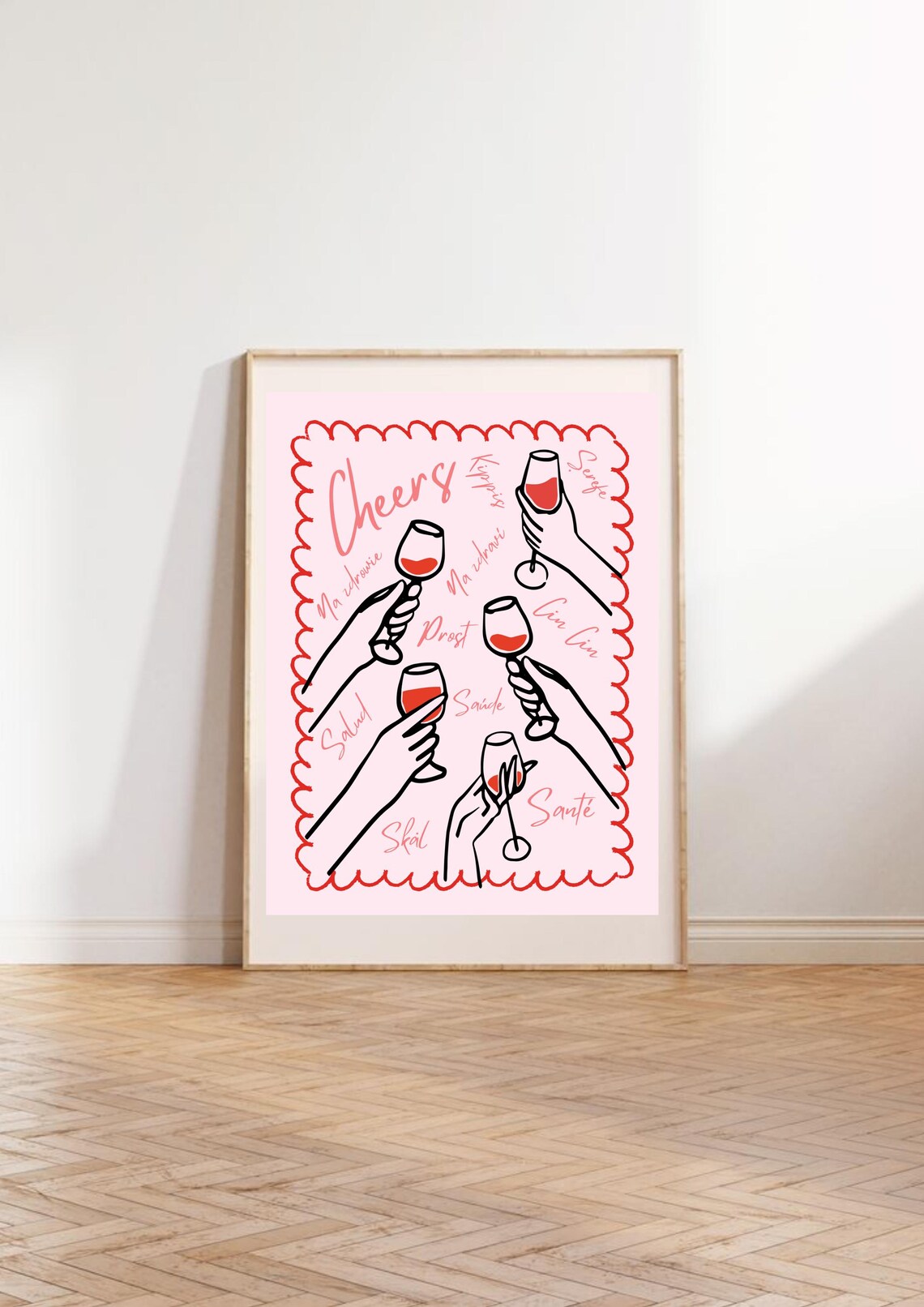 Cheers In Many Languages Wine Glasses Toast Pink Party Poster