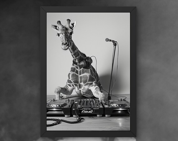 Giraffe DJ at Turntables With a Microphone Funny Music Poster