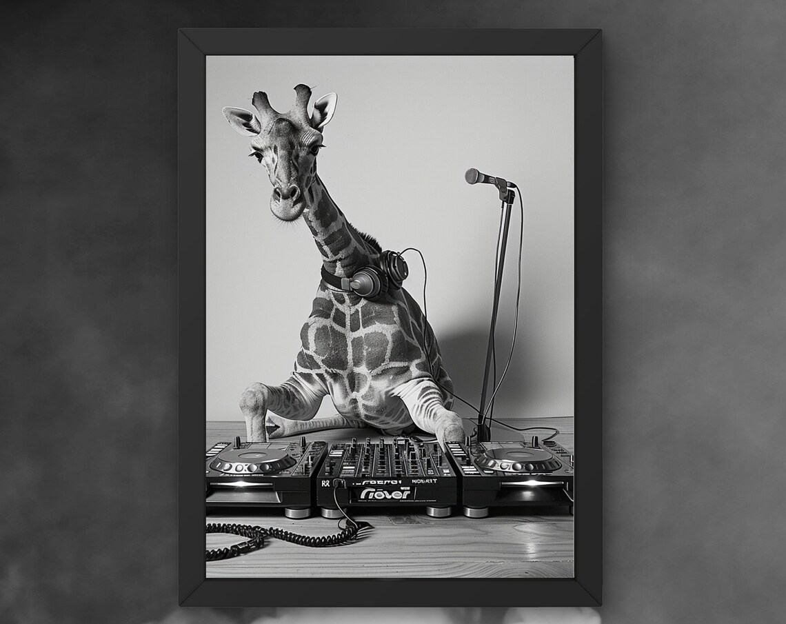 Giraffe DJ at Turntables With a Microphone Funny Music Poster