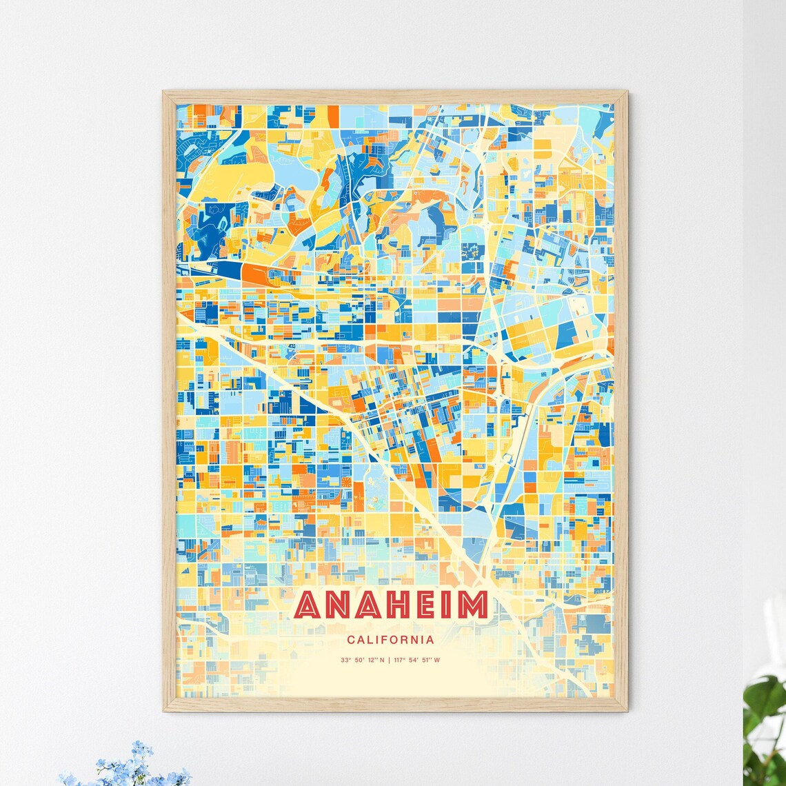 Anaheim California Colorful City Map Poster Blue Orange Travel Wall Decor