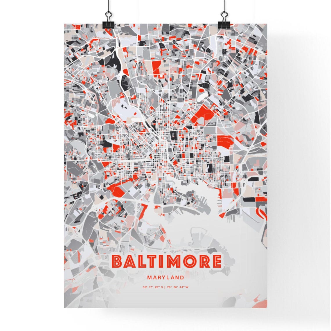 Baltimore Maryland Modern Red Abstract City Street Map Art Poster - Image 3