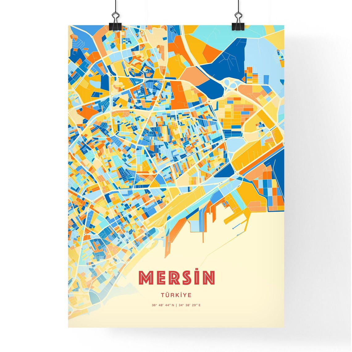 Mersin Turkey Blue Orange Abstract City Map Coastal Modern Art Poster - Image 3