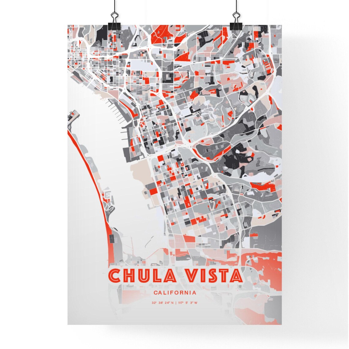 Chula Vista California Expressive Red Modern City Map Art Poster - Image 3