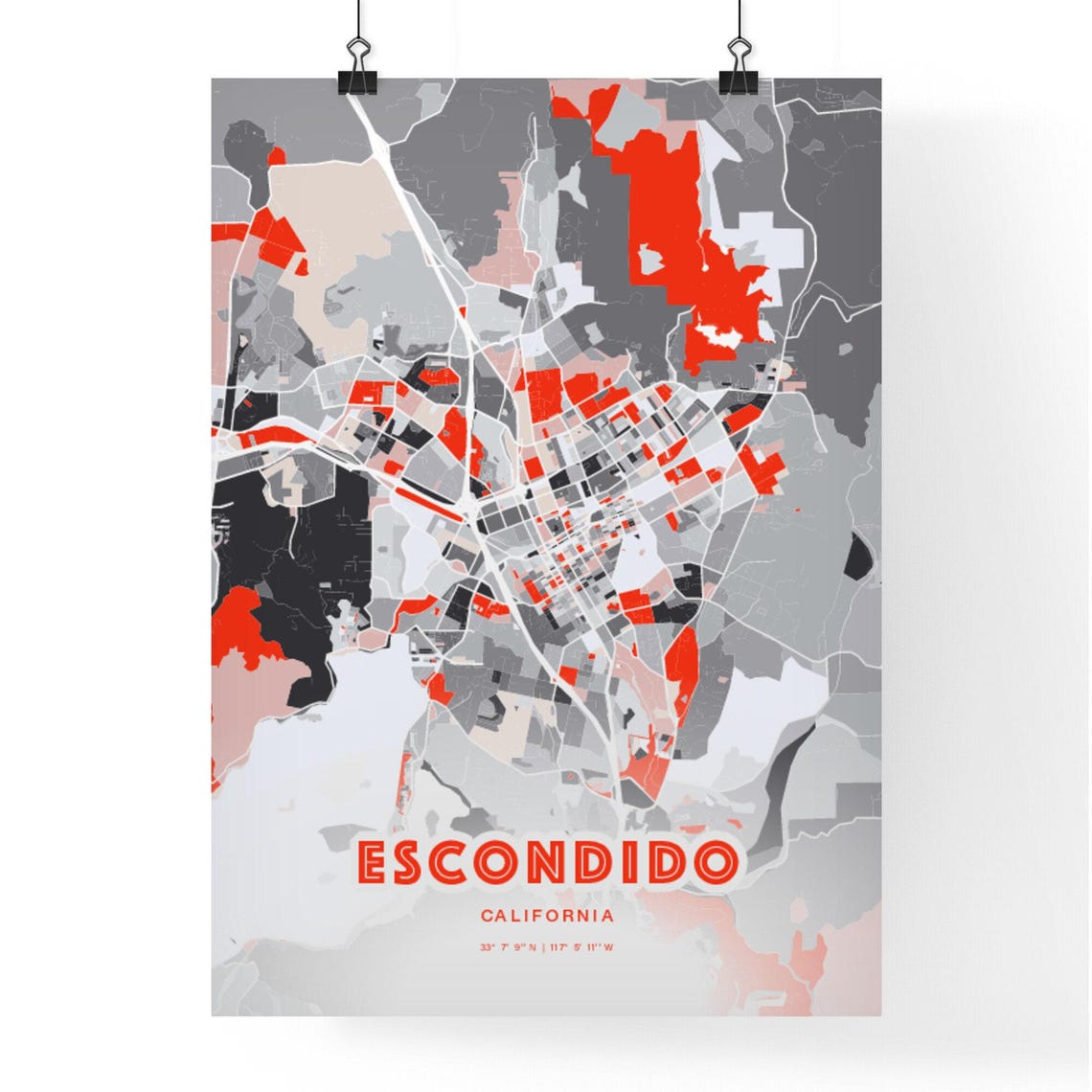Escondido California City Map Art Modern Red Gray Decor Poster - Image 3