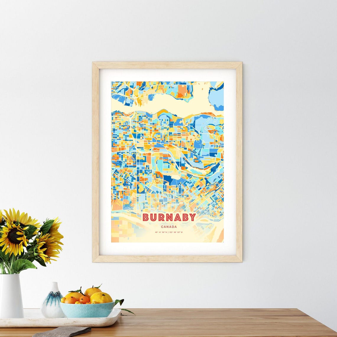 Burnaby Canada Retro City Map Art Poster Blue Orange Street Style - Image 2