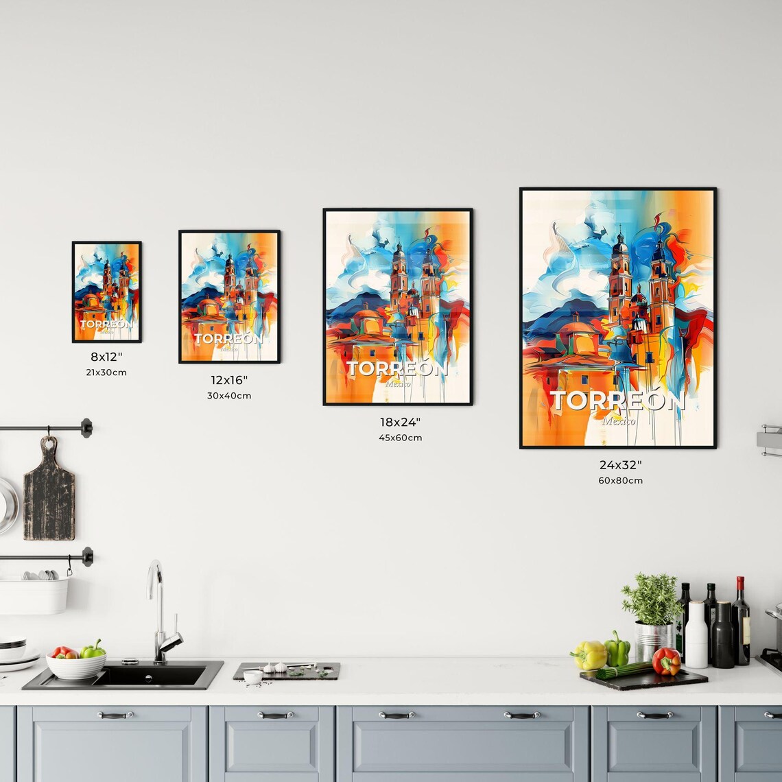Torreon Mexico Colorful Abstract Twin Church Towers Art Poster - Image 3