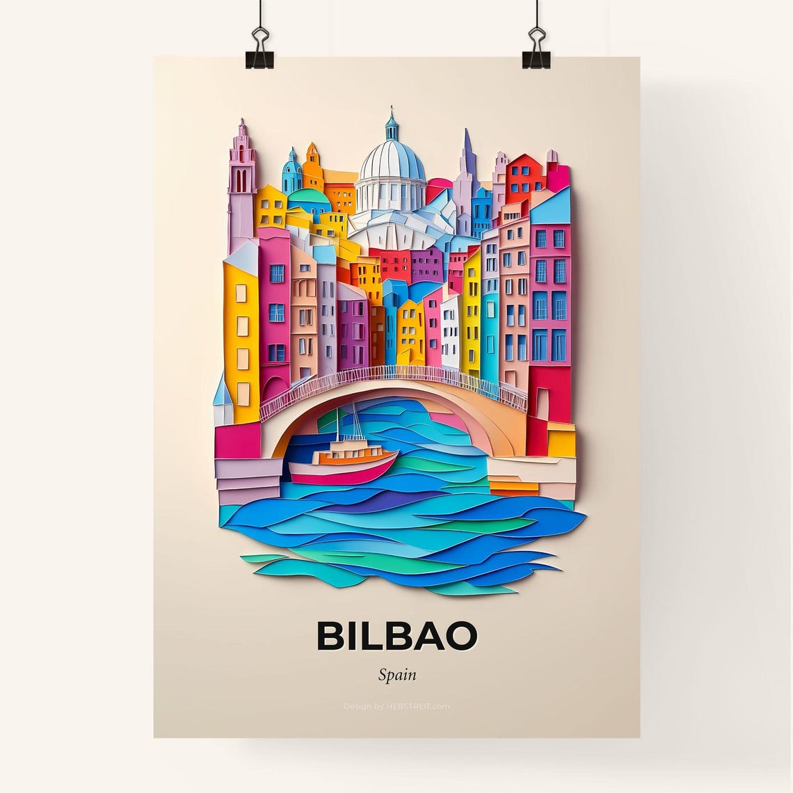 Bilbao Spain Old Town River Boat Colorful Paper Cut Art Poster - Image 4