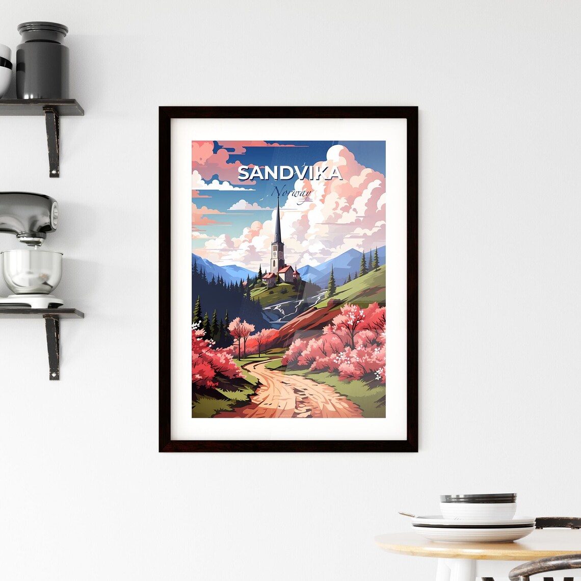 Sandvika Norway Hilltop Church Spring Blossoms Mountains Poster - Image 2