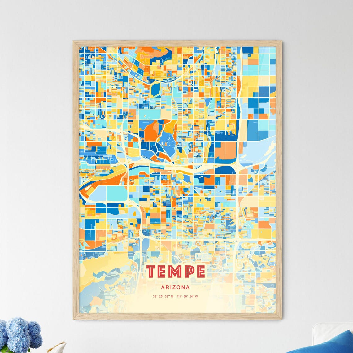 Tempe Arizona Vibrant Colorful City Map Art Coordinates Poster