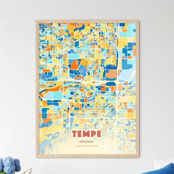 Tempe Arizona Vibrant Colorful City Map Art Coordinates Poster