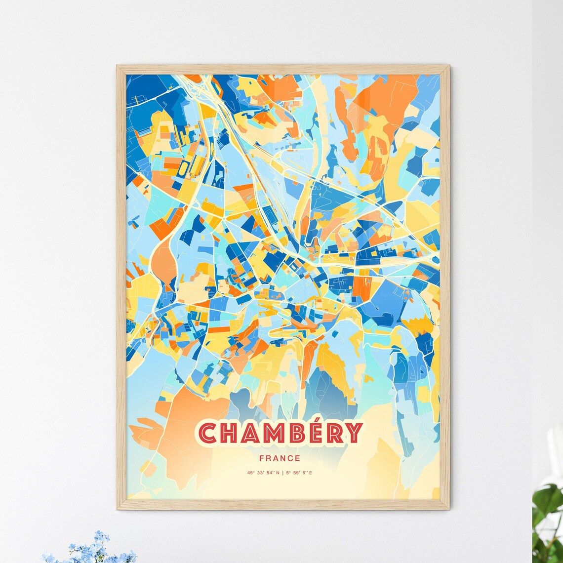 Chambéry France Colorful Blue Orange Map Art Poster Wall Decor