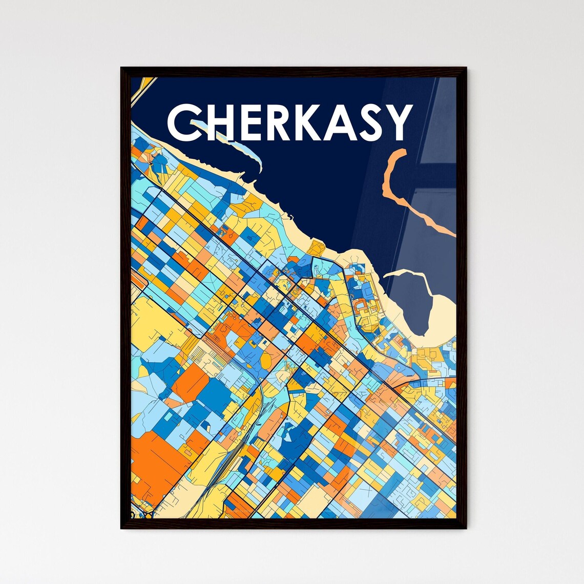 Cherkasy Ukraine Colorful Geometric City Map Art Poster in Blue and Orange