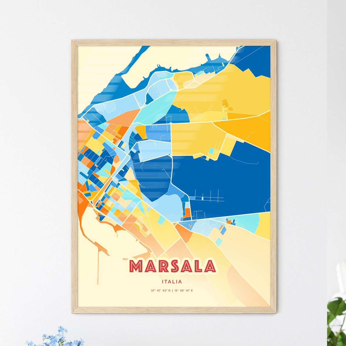 Marsala Italy Colorful Blue and Orange Retro City Street Map Wall Art