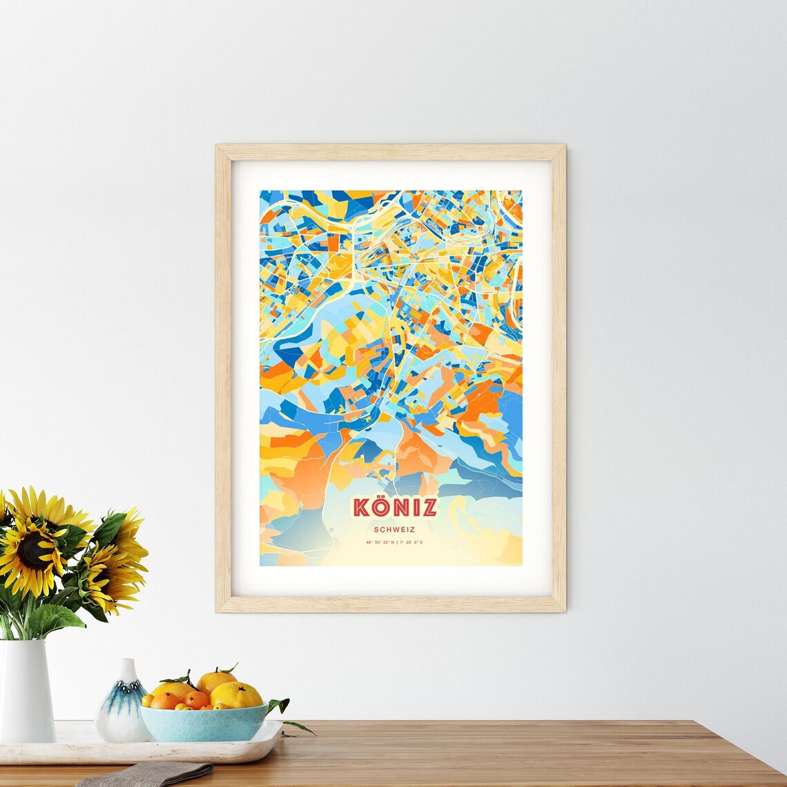 Koniz Switzerland Colorful City Map Poster Blue Orange Artistic Wall Decor - Image 2