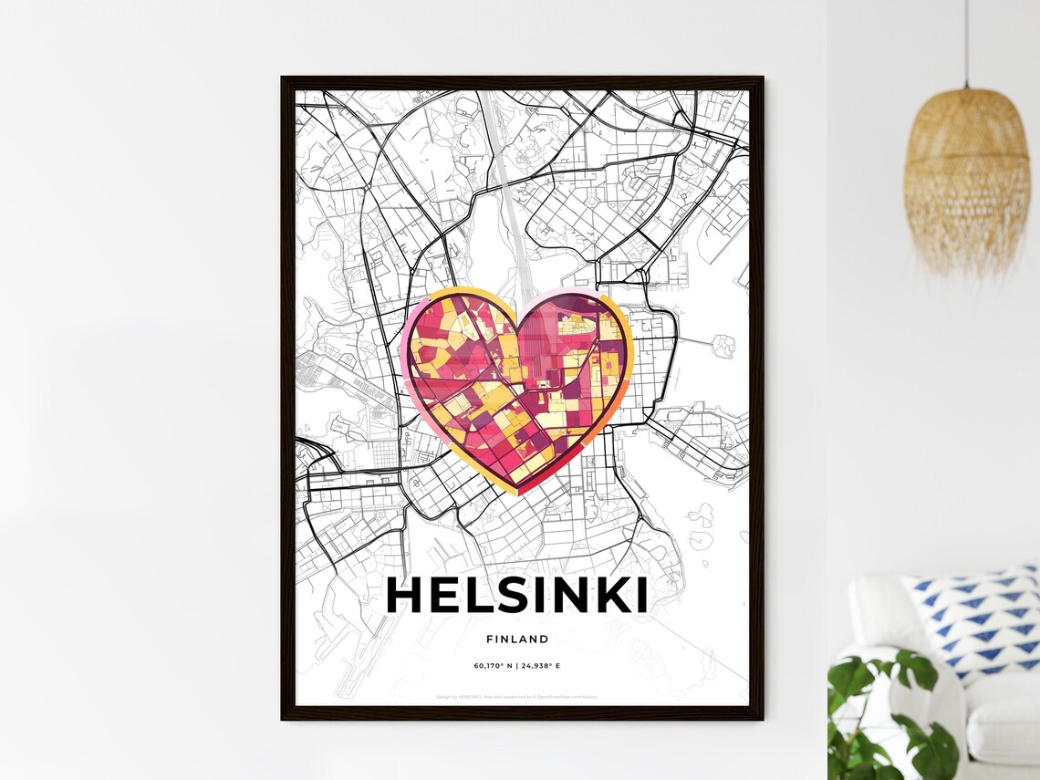 Helsinki Finland Heart City Map Art Poster Black White And Color Design
