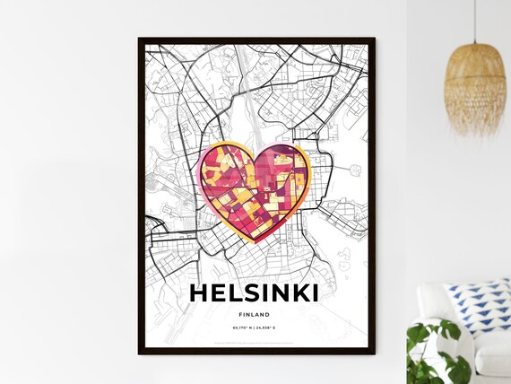Helsinki Finland Heart City Map Art Poster Black White And Color Design