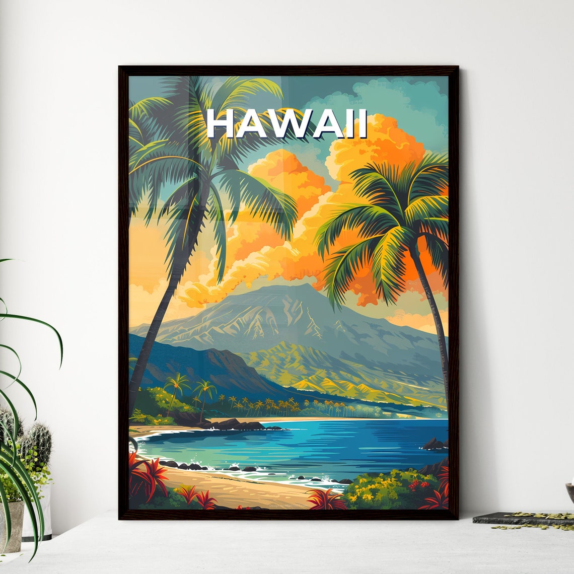 Hawaii Palm Beach Turquoise Bay Mountain Retro Travel Poster