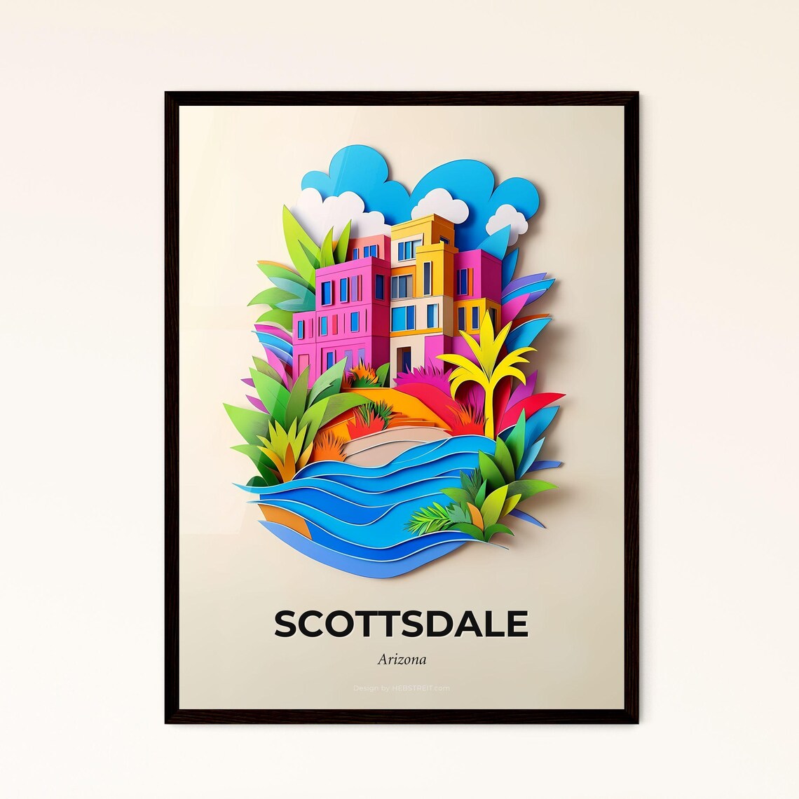 Scottsdale Arizona Palms Water Colorful Paper Cut Art Poster
