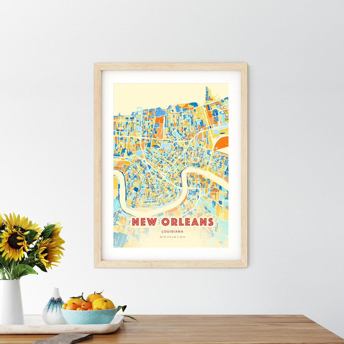 New Orleans Louisiana Vibrant Blue Orange City Map Art Poster - Image 2