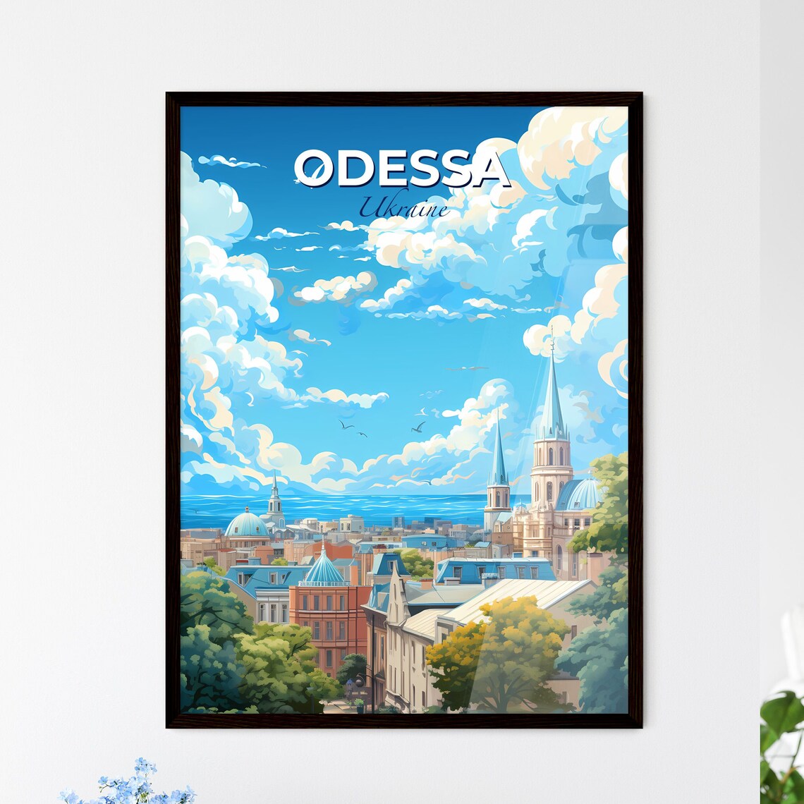 Odessa Ukraine Travel Skyline Poster With Blue Sky And White Clouds