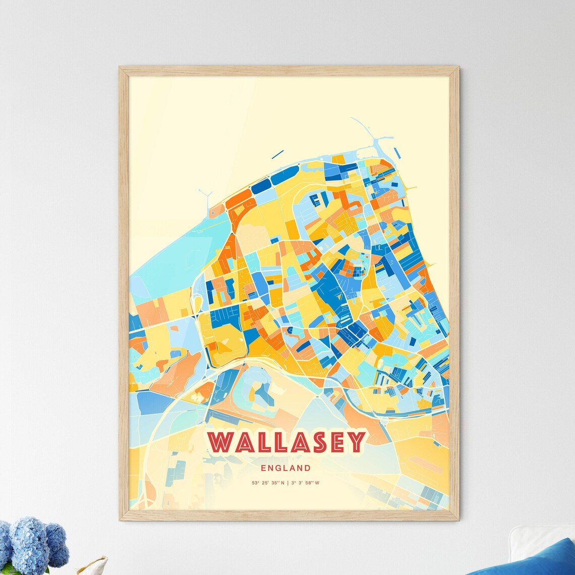 Wallasey England Colorful Blue and Orange Retro City Street Map Wall Art