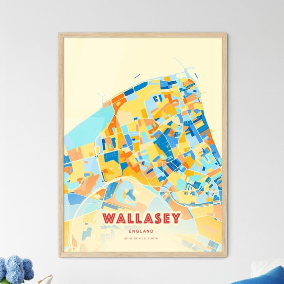 Wallasey England Colorful Blue and Orange Retro City Street Map Wall Art
