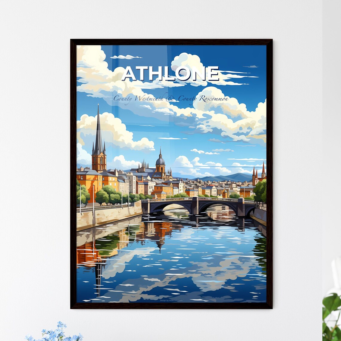 Athlone Ireland River Bridge Church Spires Town Scene Poster