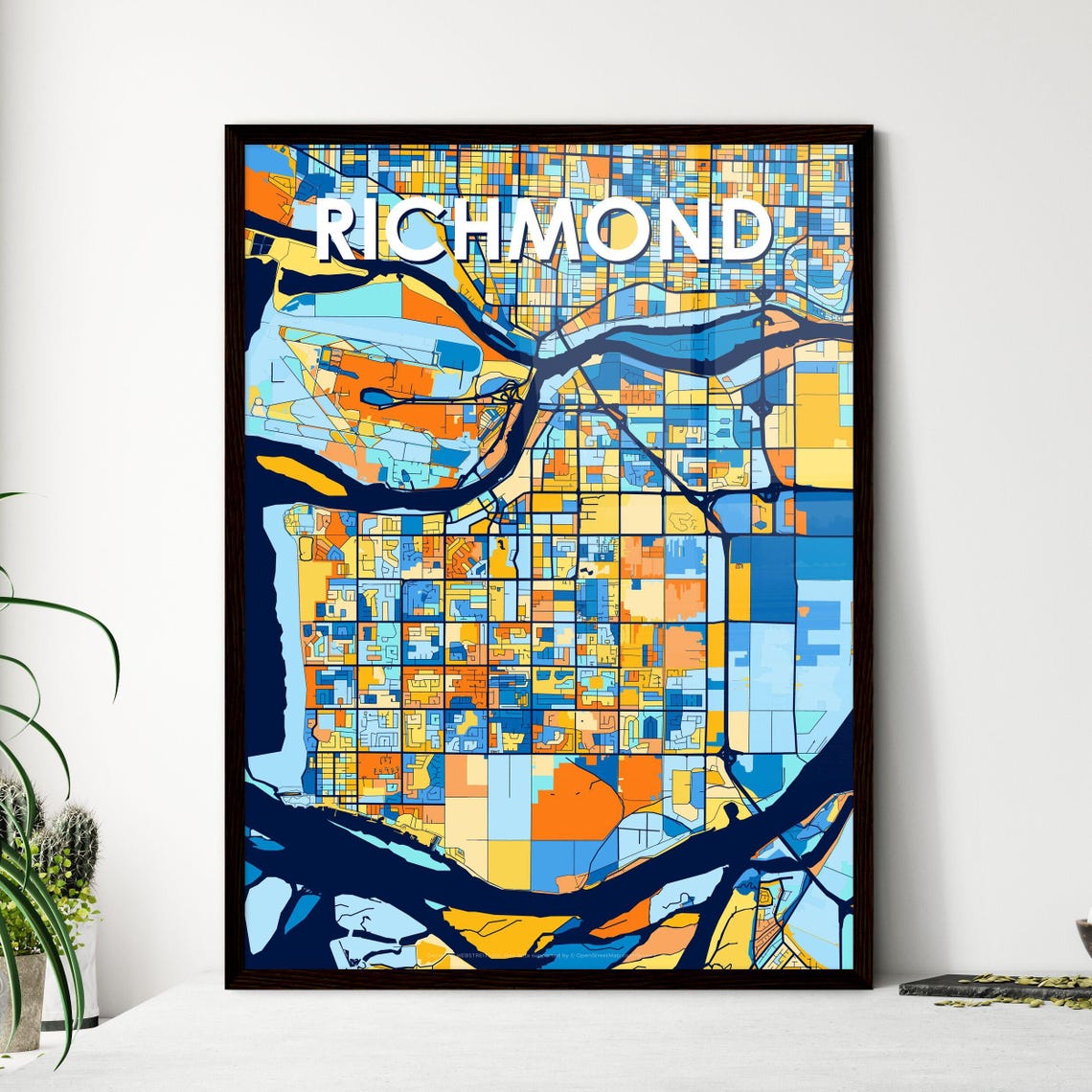 Richmond Canada Bold City Map Art Poster in Navy Orange and Yellow