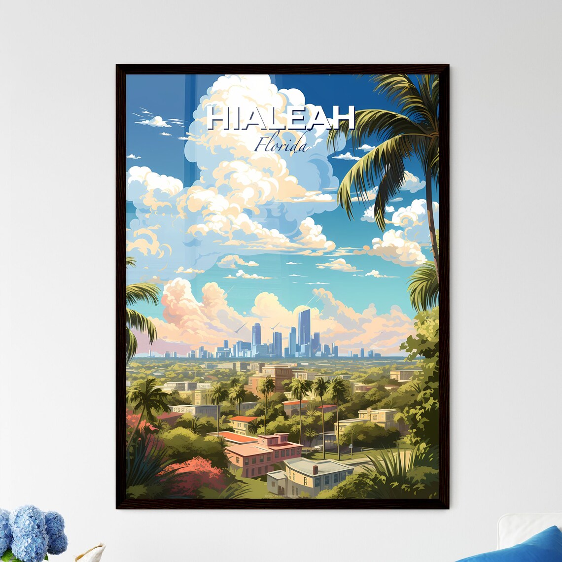 Hialeah Florida City Skyline Palm Trees Colorful Travel Poster