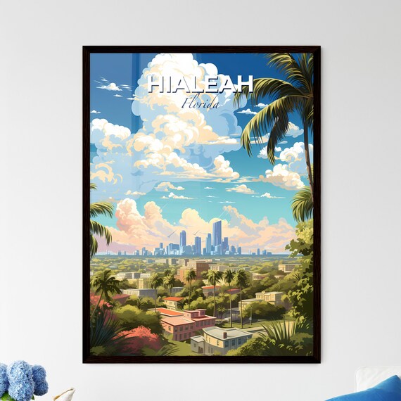 Hialeah Florida City Skyline Palm Trees Colorful Travel Poster