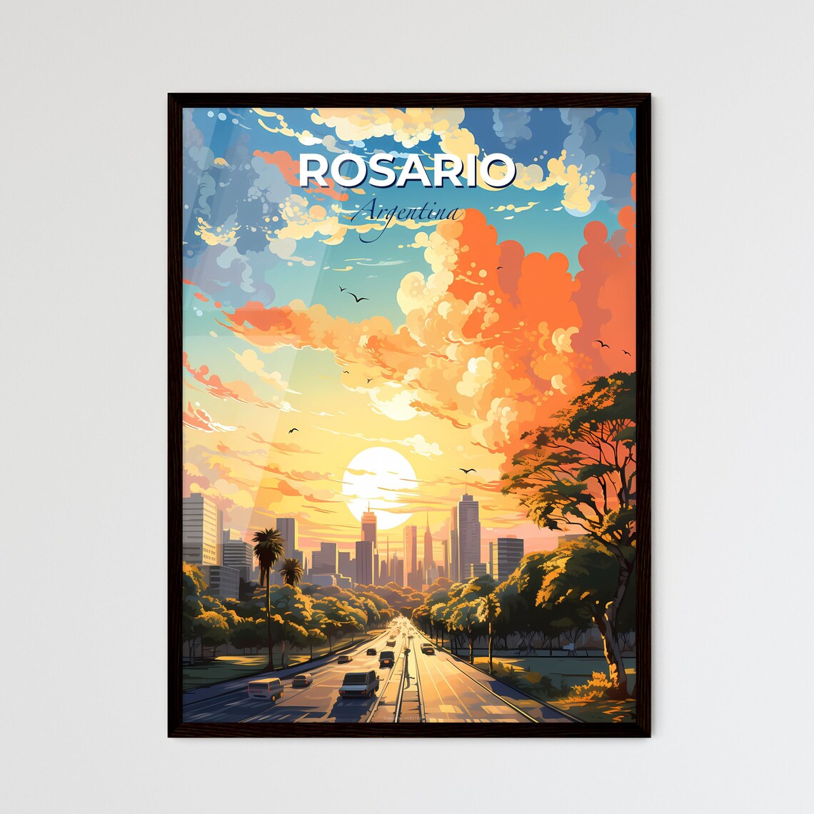 Rosario Argentina Sunset Boulevard Illustrated Travel Poster